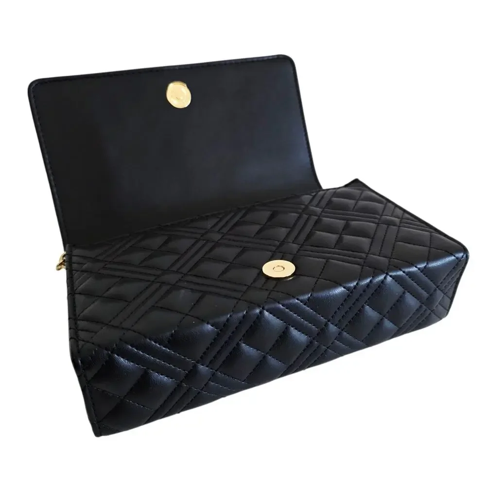 Love Moschino Black & Gold Quilted Faux Leather Clutch Crossbody Bag Chain Strap